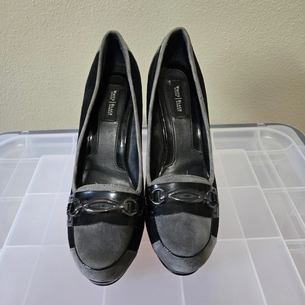 White House Black Market Suede Patent Horsebit Platform Pumps Black Grey 7.5M